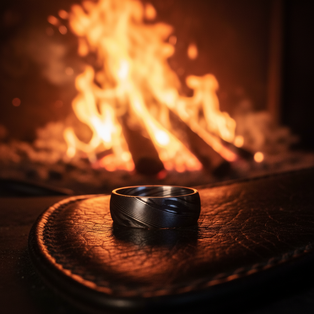 The Crucible ring: Forge & Lumber artisan product with 8mm bevel.