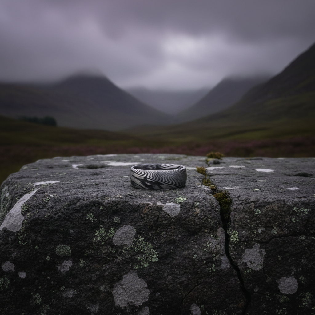 Bevelled 8mm artisan crucible ring in dark tones by Forge and Lumber, displayed on a stone surface outdoors.