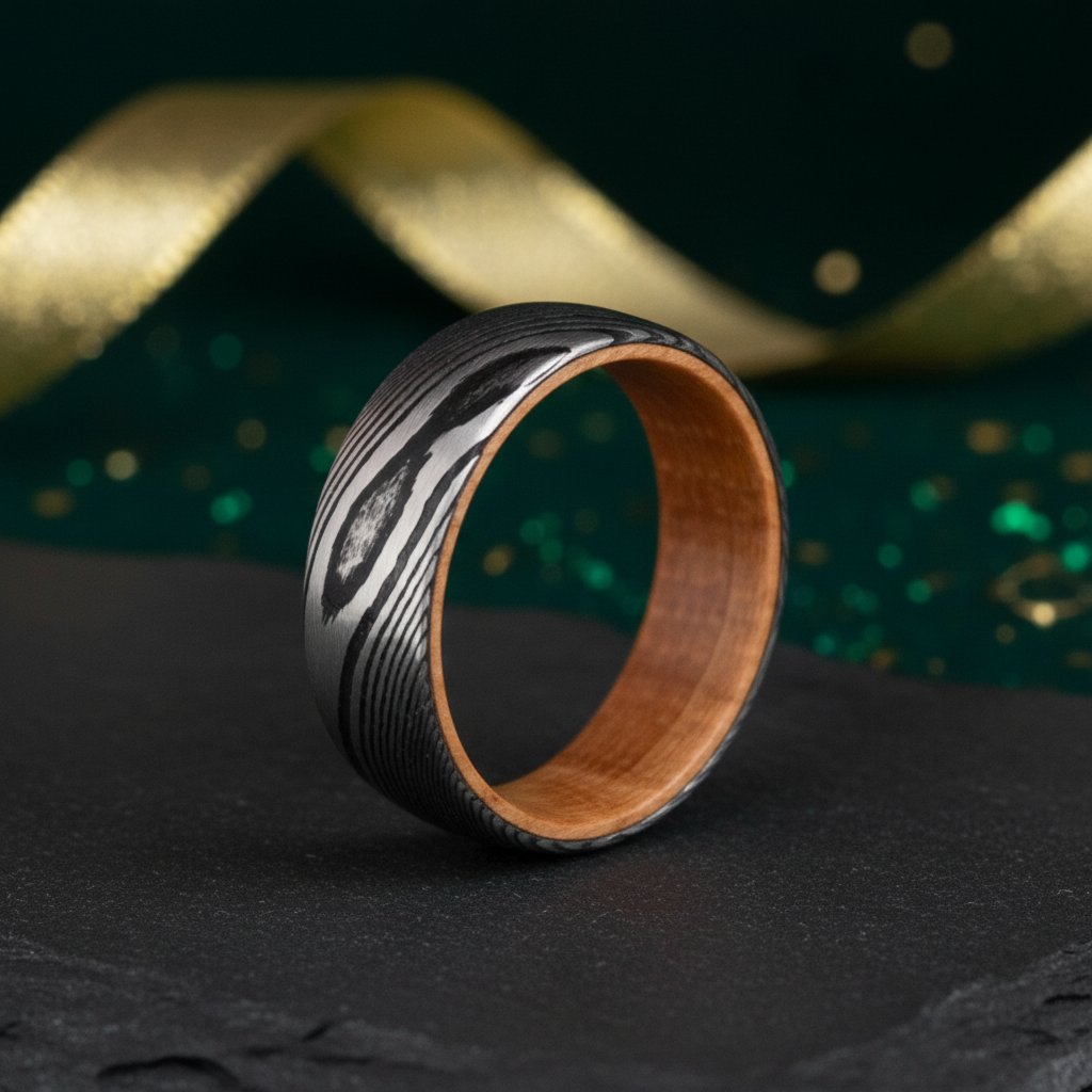 The Damascus 8mm ring by Forge and Lumber. Artisan wedding band.
