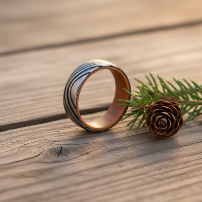Forge and Lumber Damascus 8mm ring. Artisan wedding band.