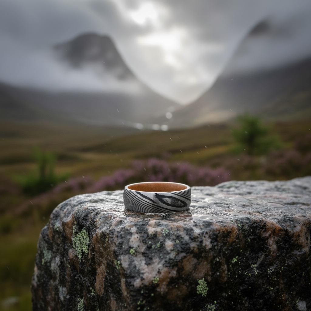 The Damascus 8mm ring. Forge and Lumber artisan wedding band.
