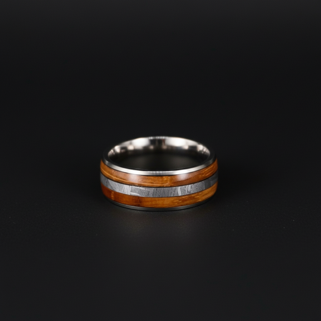 The Davie: Forge and Lumber artisan-crafted 8mm titanium band.
