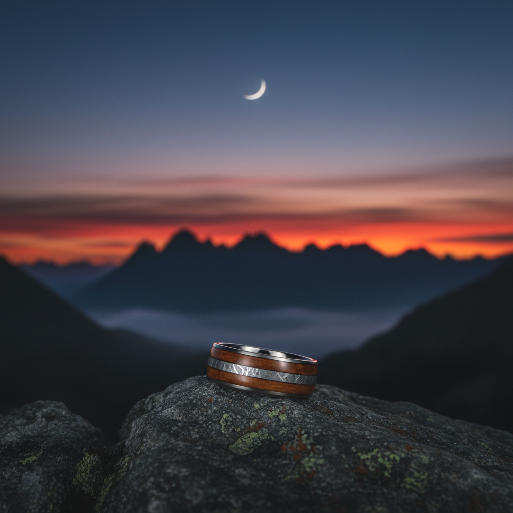 8mm titanium band ring with double wood inlay by Forge and Lumber, set against a scenic mountain sunset backdrop.