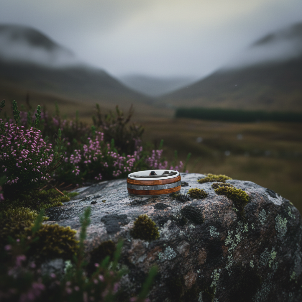 Artisan-crafted 8mm titanium band with double inlay, displayed on a mossy rock in a serene landscape.
