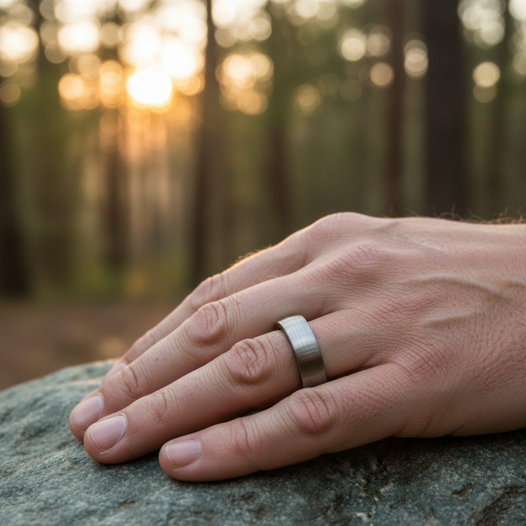 Matte grey 6mm comfort-fit wedding ring from Forge and Lumber, shown on a hand outdoors at sunset