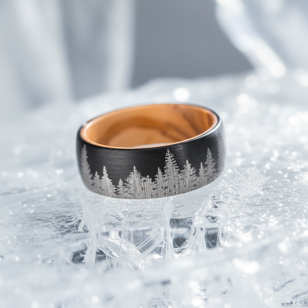 Sleek black and copper ring featuring an engraved forest design, set on a bed of ice crystals.