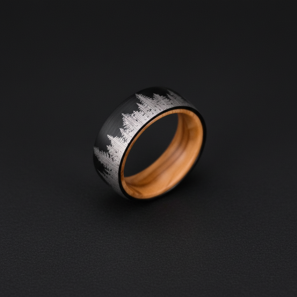 Stylish black ring with a silver mountain silhouette and wooden interior, ideal for adventurers.