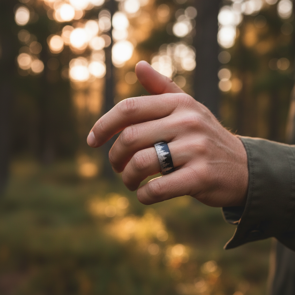 A hand wearing "The Explorer" ring, featuring a sleek black design, set against a blurred forest background.