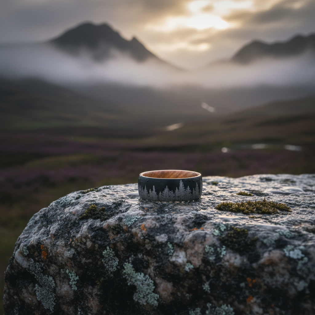 A detailed ring with forest engraving resting on a mossy stone, set against a misty mountain landscape at sunset.