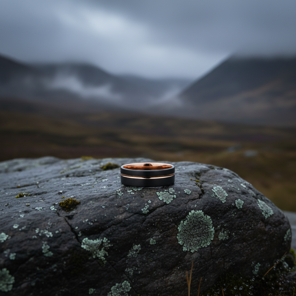 8mm artisan-inspired men's ring by Forge and Lumber with a copper inlay on a dark band, set against a rocky landscape.