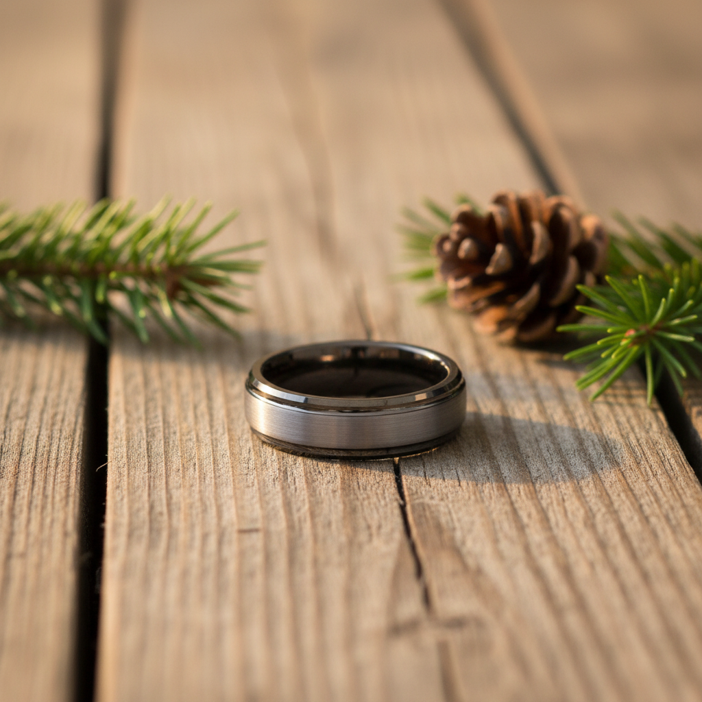 Forge and Lumber 6mm black wedding band with brushed finish, set on wooden surface with pinecones and greenery.