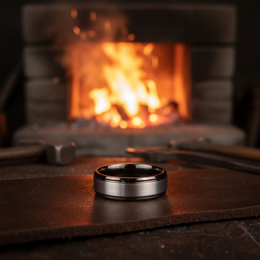 Beveled 8mm stainless steel ring with black ceramic inlay by Forge and Lumber, ideal for active lifestyles.