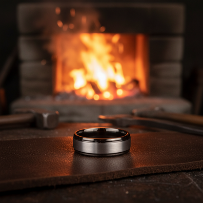 Beveled 8mm stainless steel ring with black ceramic inlay by Forge and Lumber, ideal for active lifestyles.