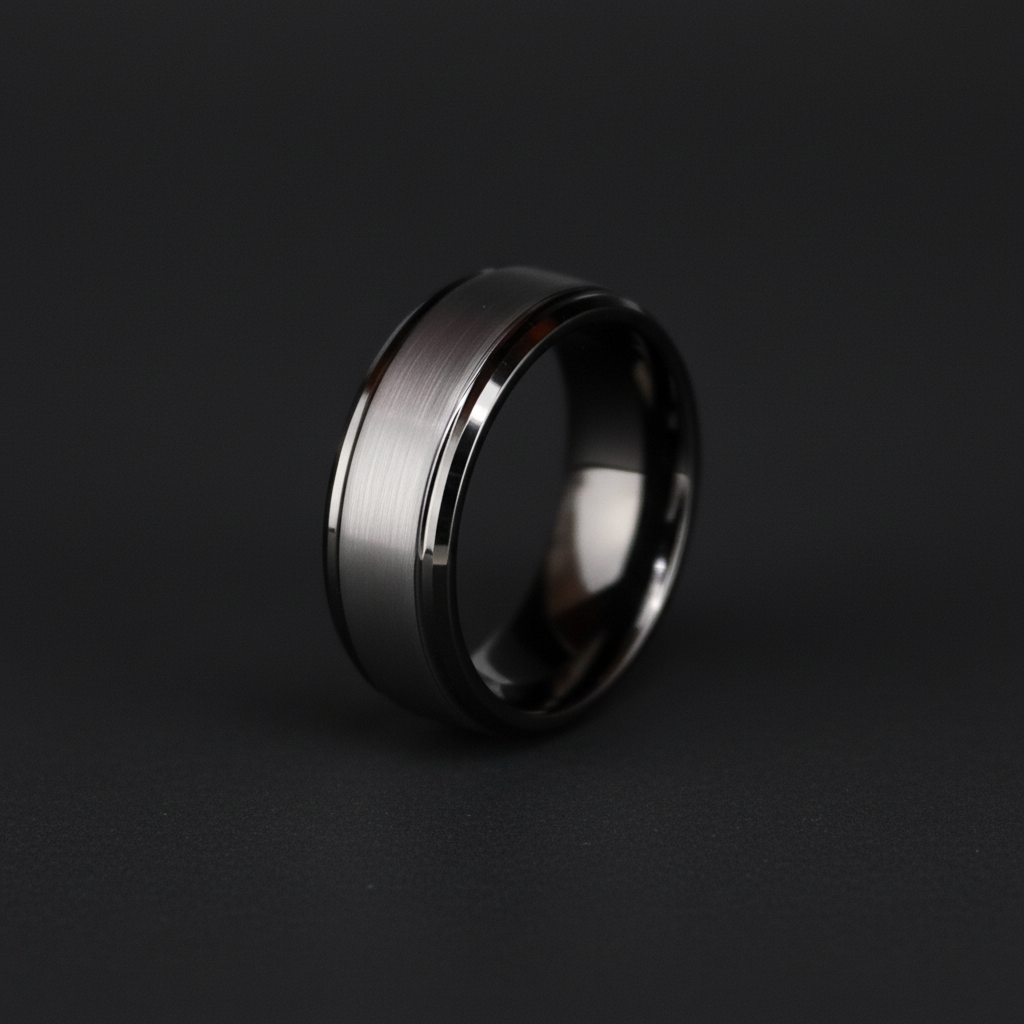 Sleek black 8mm ring with a brushed finish and polished edges, showcasing modern elegance.