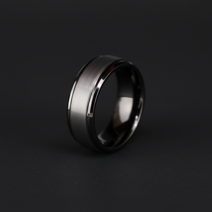 Sleek black 8mm ring with a brushed finish and polished edges, showcasing modern elegance.