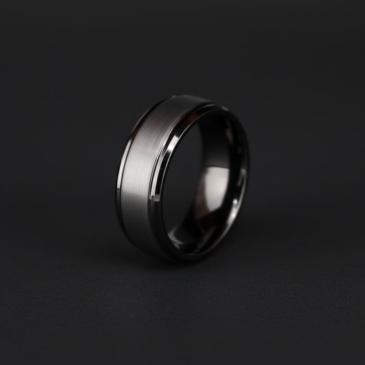 Sleek black 8mm ring with a brushed finish and polished edges, showcasing modern elegance.