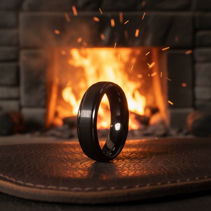 Sleek black ring glistens in front of a roaring fireplace, highlighting its elegant design. Perfect for modern jewelry enthusiasts.