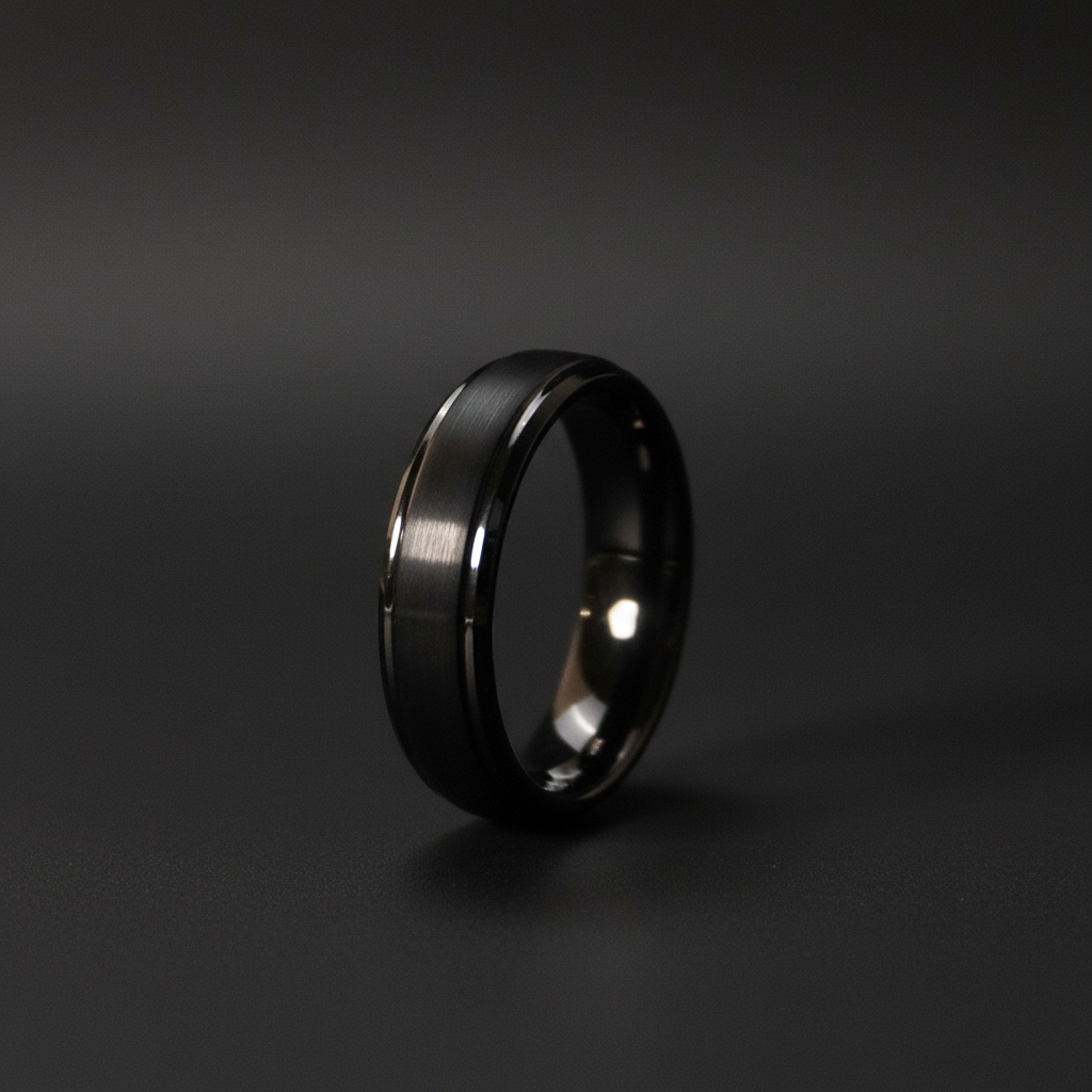 Sleek black band ring with a brushed finish, showcasing modern elegance and sophistication.