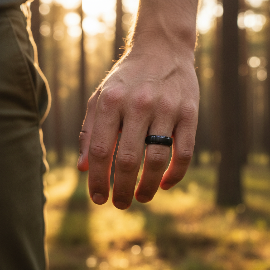 Black 6mm men's wedding band by Forge and Lumber, worn on a hand in a forest setting.