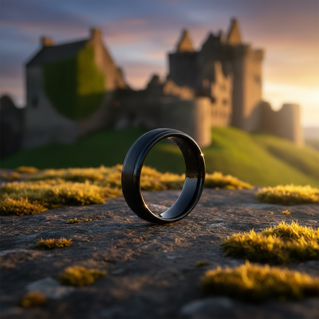 Forge & Lumber The Foundation ring. 6mm band on mossy stone, Scottish castle backdrop. Affordable luxury.
