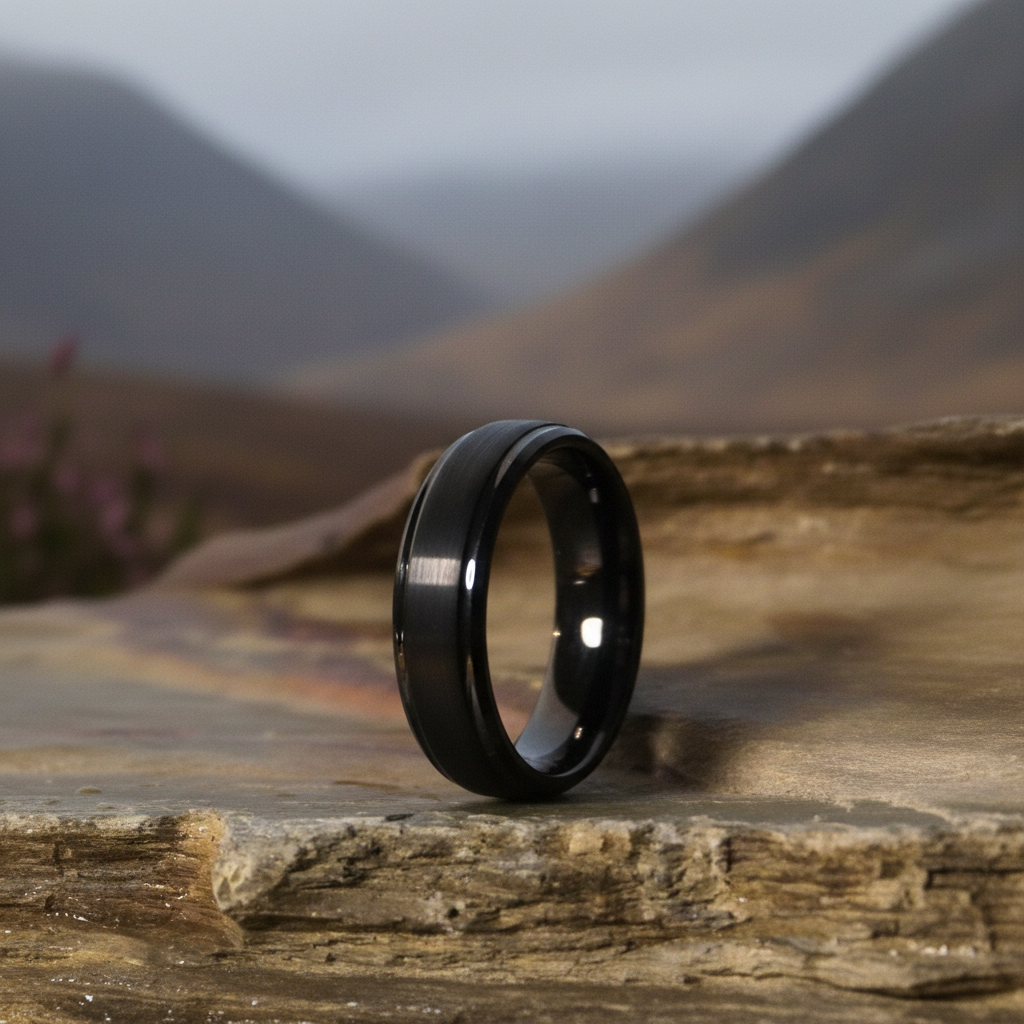 Black 6mm wedding band ring by Forge and Lumber, featuring a sleek matte finish and lightweight design.