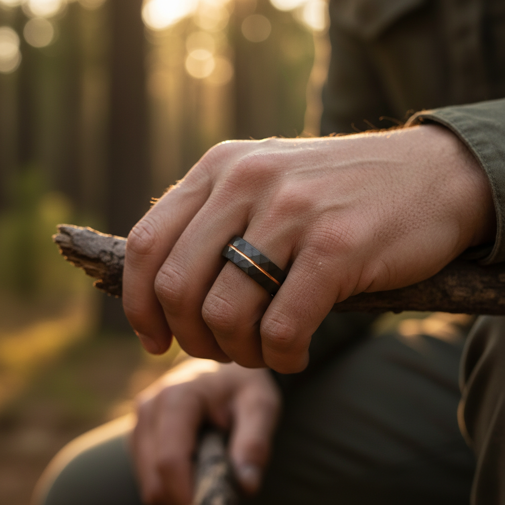 The Foundry ring by Forge and Lumber. 8mm band, active lifestyle ring.