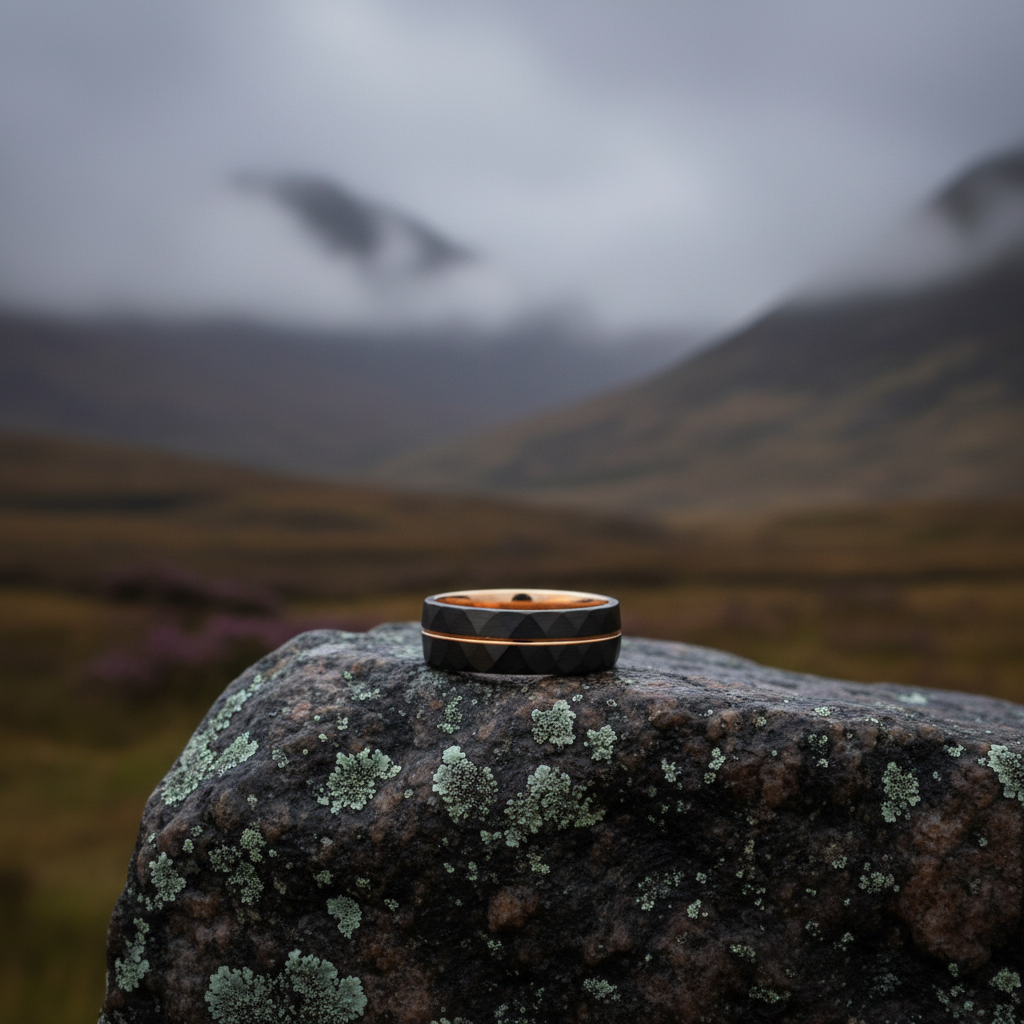 Stylish black and copper ring resting on a moss-covered rock, with a misty mountain landscape in the background.