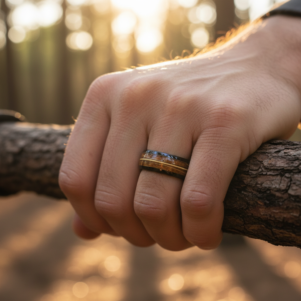 A hand resting on a tree branch showcases "The Fret" ring, featuring a blue and gold design, illuminated by soft sunlight.