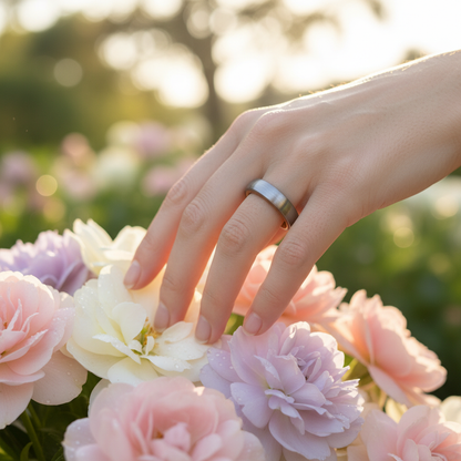 Grey 4mm wedding band on hand, surrounded by pastel roses, from Forge and Lumber