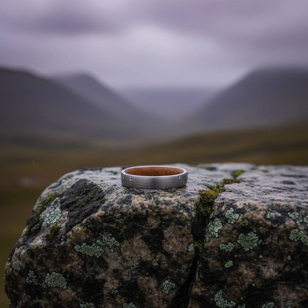 Silver 4mm wedding band with wooden inlay by Forge and Lumber, featuring a sleek and modern design.