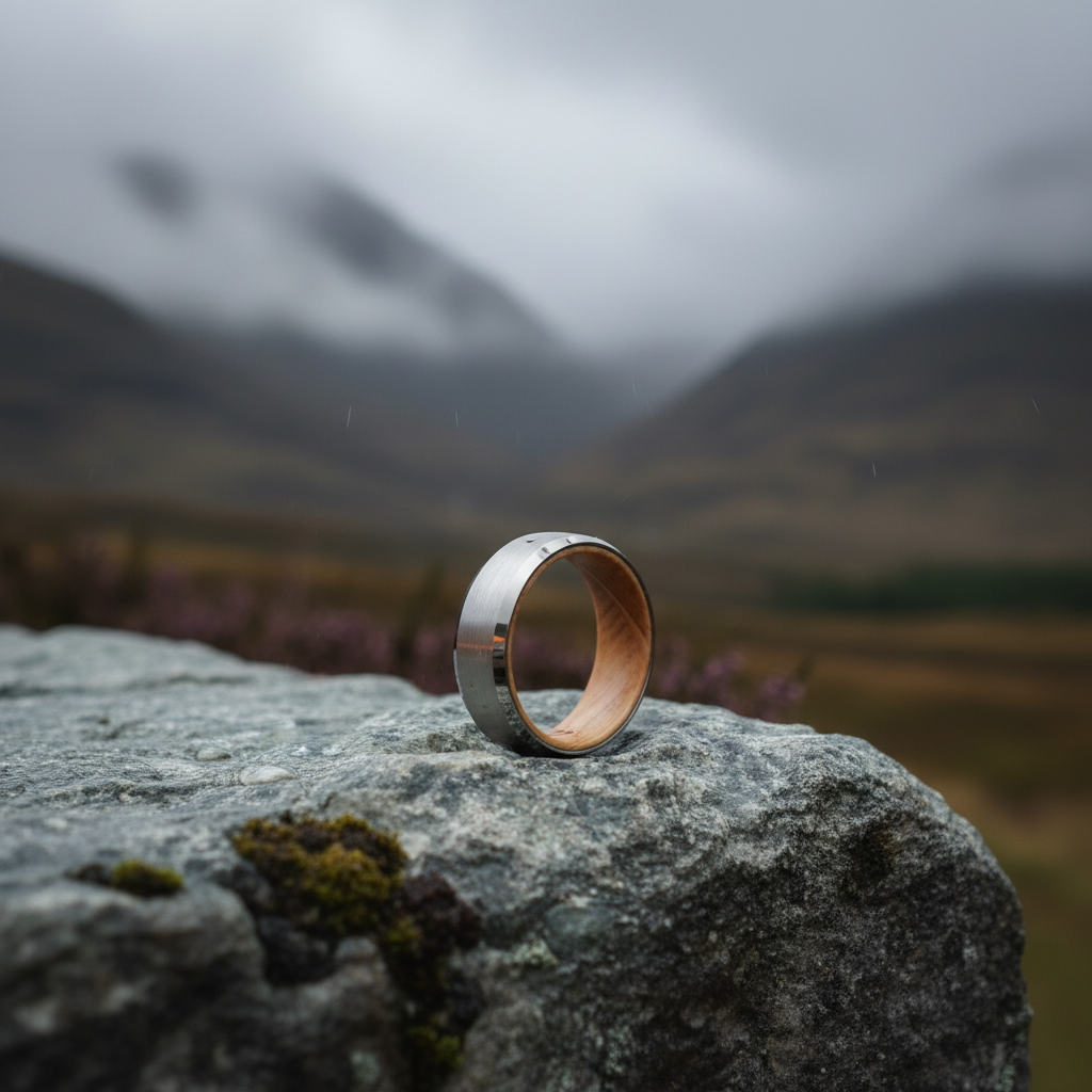 8mm stainless steel and barrel wood men's ring by Forge and Lumber, set against a scenic cloudy backdrop.