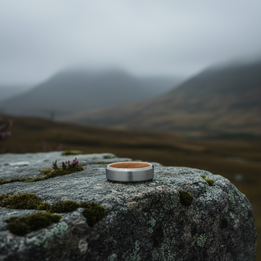 Silver 8mm men's ring with barrel wood inlay by Forge and Lumber, set against a misty landscape.