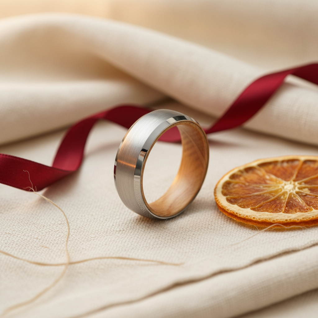 Forge and Lumber Glencairn 8mm men's ring with stainless steel exterior and barrel wood interior