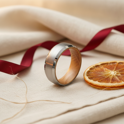 Forge and Lumber Glencairn 8mm men's ring with stainless steel exterior and barrel wood interior