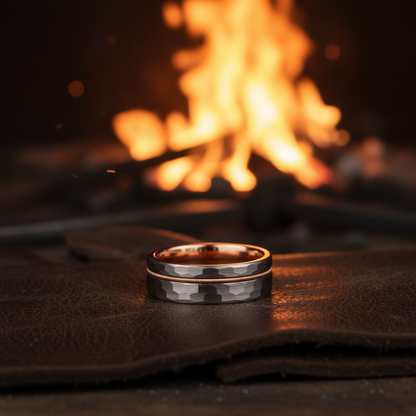 Flat gold wedding band by Forge and Lumber, engravable, featuring an 8mm width and a textured finish.