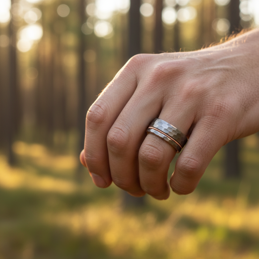Gold engravable flat ring from Forge and Lumber, featuring a sleek design in UK M / US 6 size.