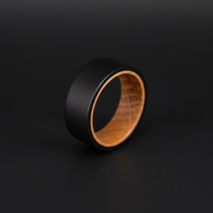 Sleek black ring with a wooden interior, showcasing modern craftsmanship in "The Hebridean."