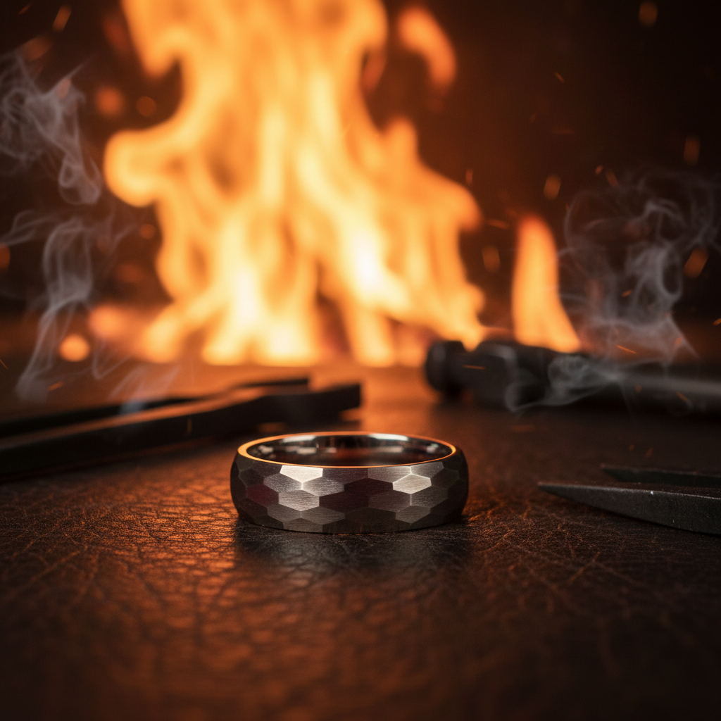 Hammered titanium men's band ring, 6mm width, by Forge and Lumber, available in sizes UK K, L, M.