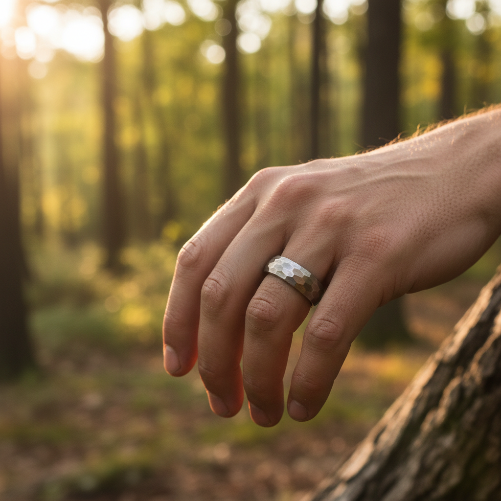 6mm hammered titanium men's ring by Forge and Lumber in a comfort-fit style