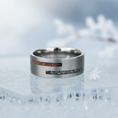 Matt stainless steel ring featuring cosmic dinosaur bone inlay, available in sizes UK M, N, O.