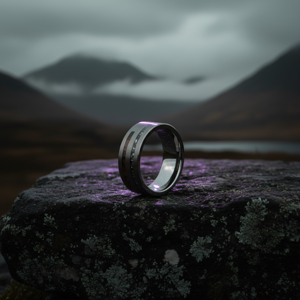 Silver wedding band with cosmic dinosaur bone inlay by Forge and Lumber, set against a dramatic mountain backdrop.