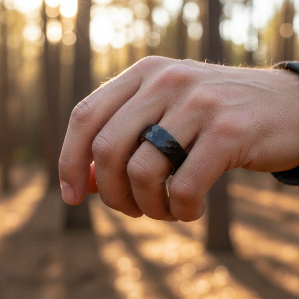 Durable black 8mm engagement ring from Forge and Lumber, featuring an engravable, textured finish.