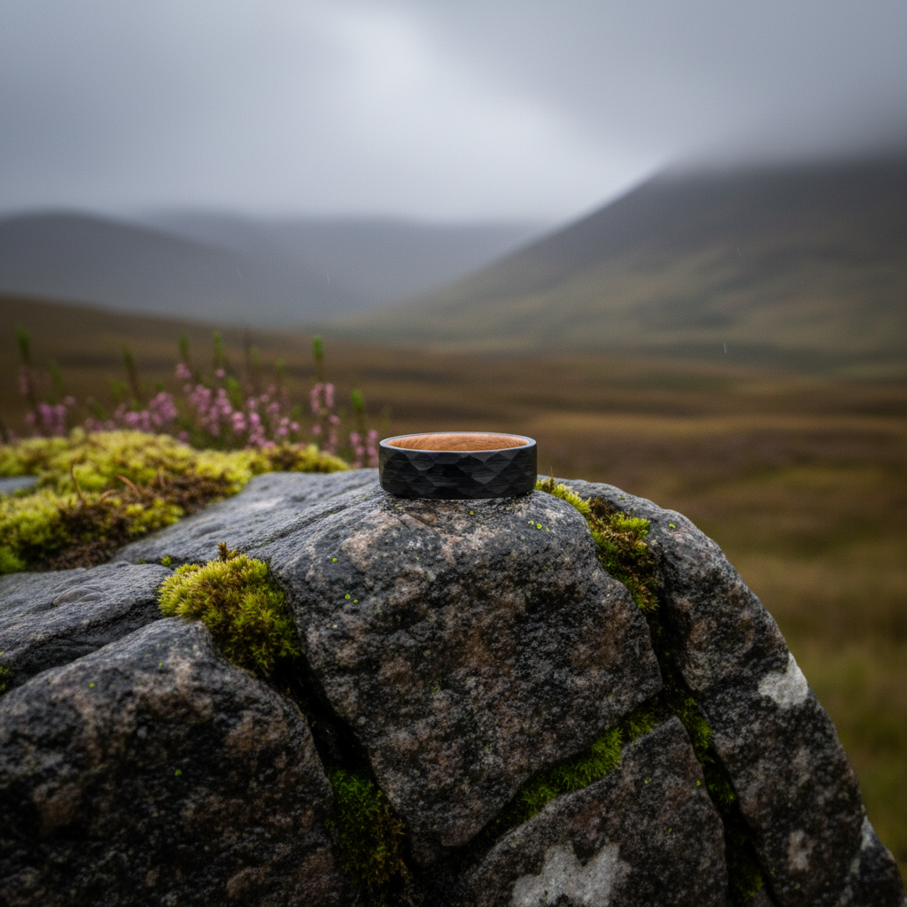 Black 8mm durable ring with engravable surface by Forge and Lumber, set against a rugged outdoor backdrop.