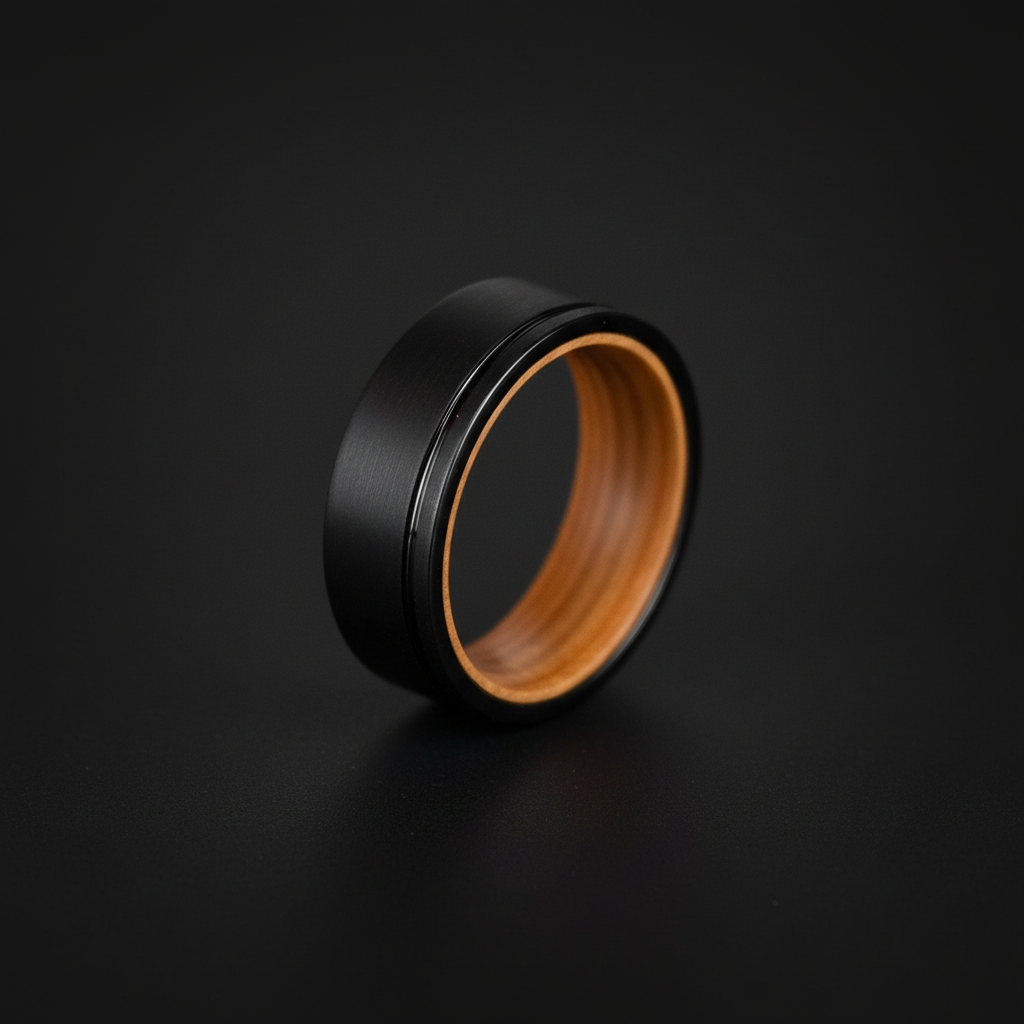 Sleek 8mm black and wood ring, featuring a matte black exterior and polished wooden interior, set against a dark background.