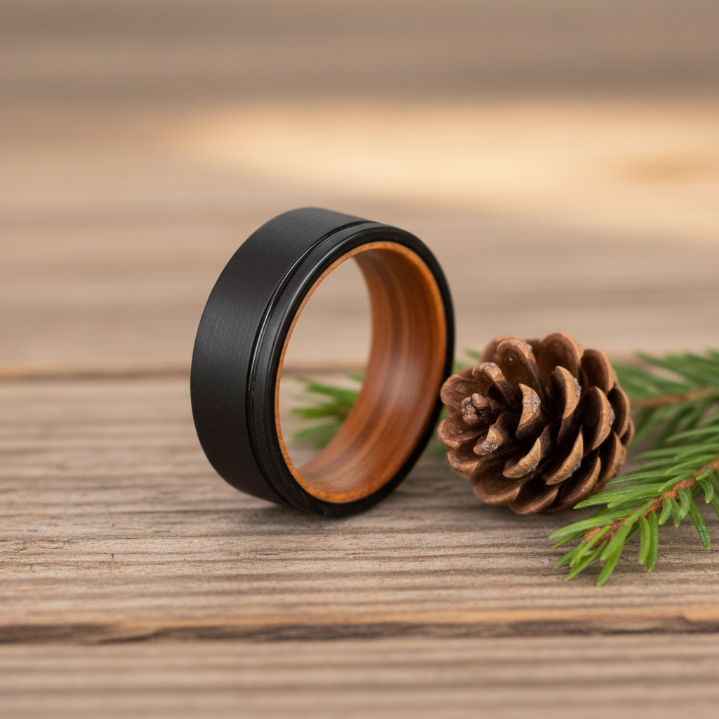 Sleek black 8mm ring with a wooden interior, placed on rustic wooden surface with pinecone and greenery.
