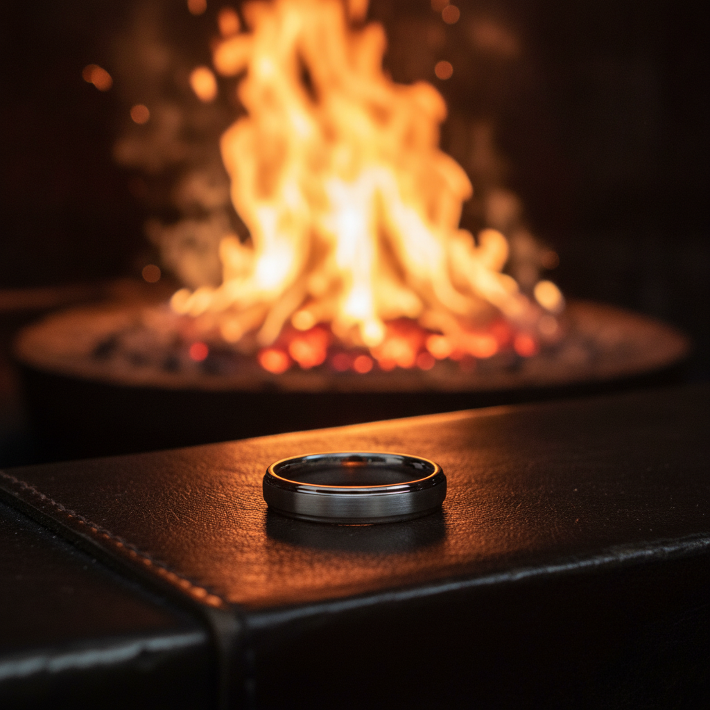The Keystone 4mm tungsten ring with bevelled edges, shown close up