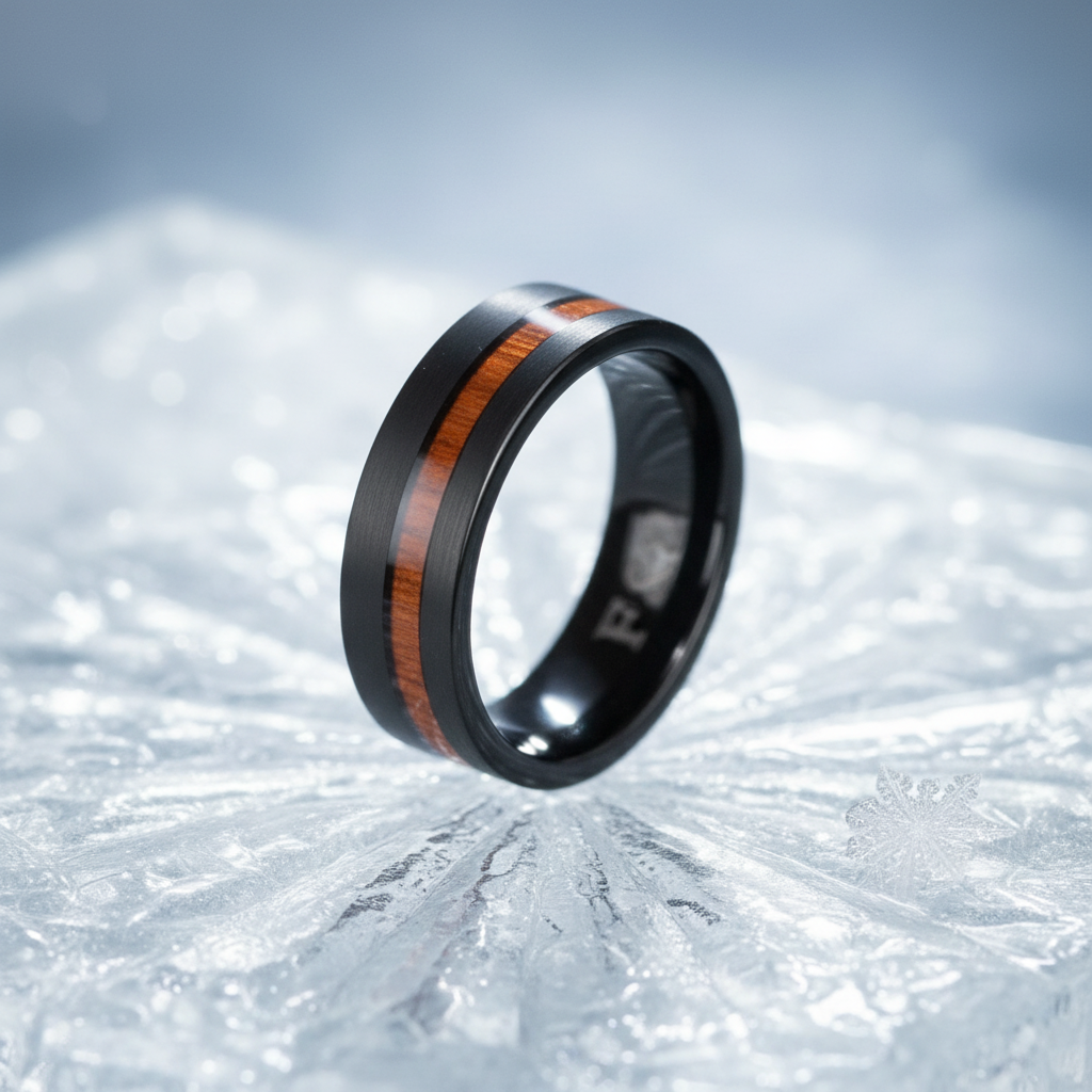 Black brushed finish wedding band with wooden inlay, 8mm width, by Forge and Lumber. Available in sizes UK M, N, O.