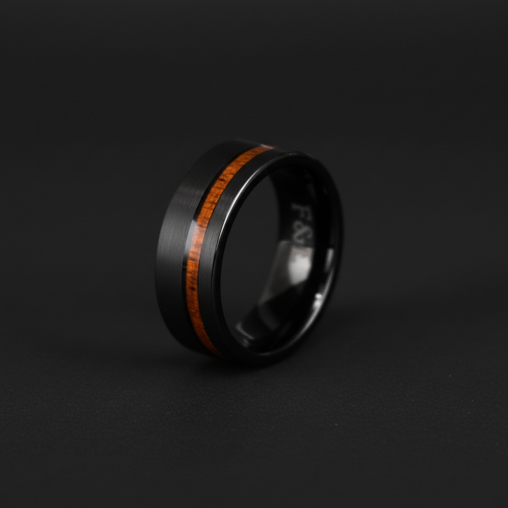 Sleek black ring featuring a striking koa wood inlay, showcasing a modern design against a dark background.