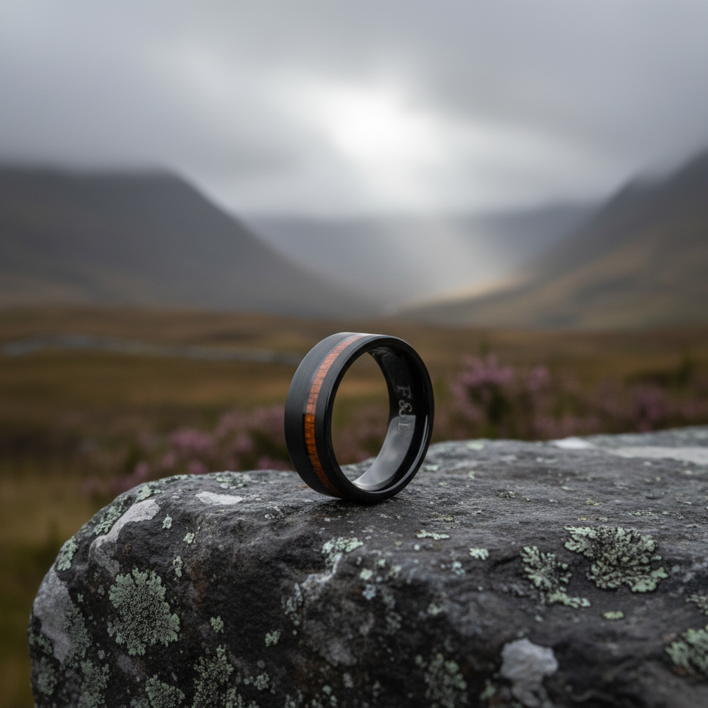 Black brushed finish 8mm wedding band with copper inlay by Forge and Lumber, displayed on a rocky surface.
