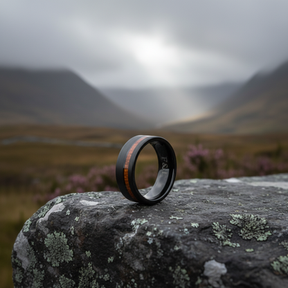 Black brushed finish 8mm wedding band with copper inlay by Forge and Lumber, displayed on a rocky surface.